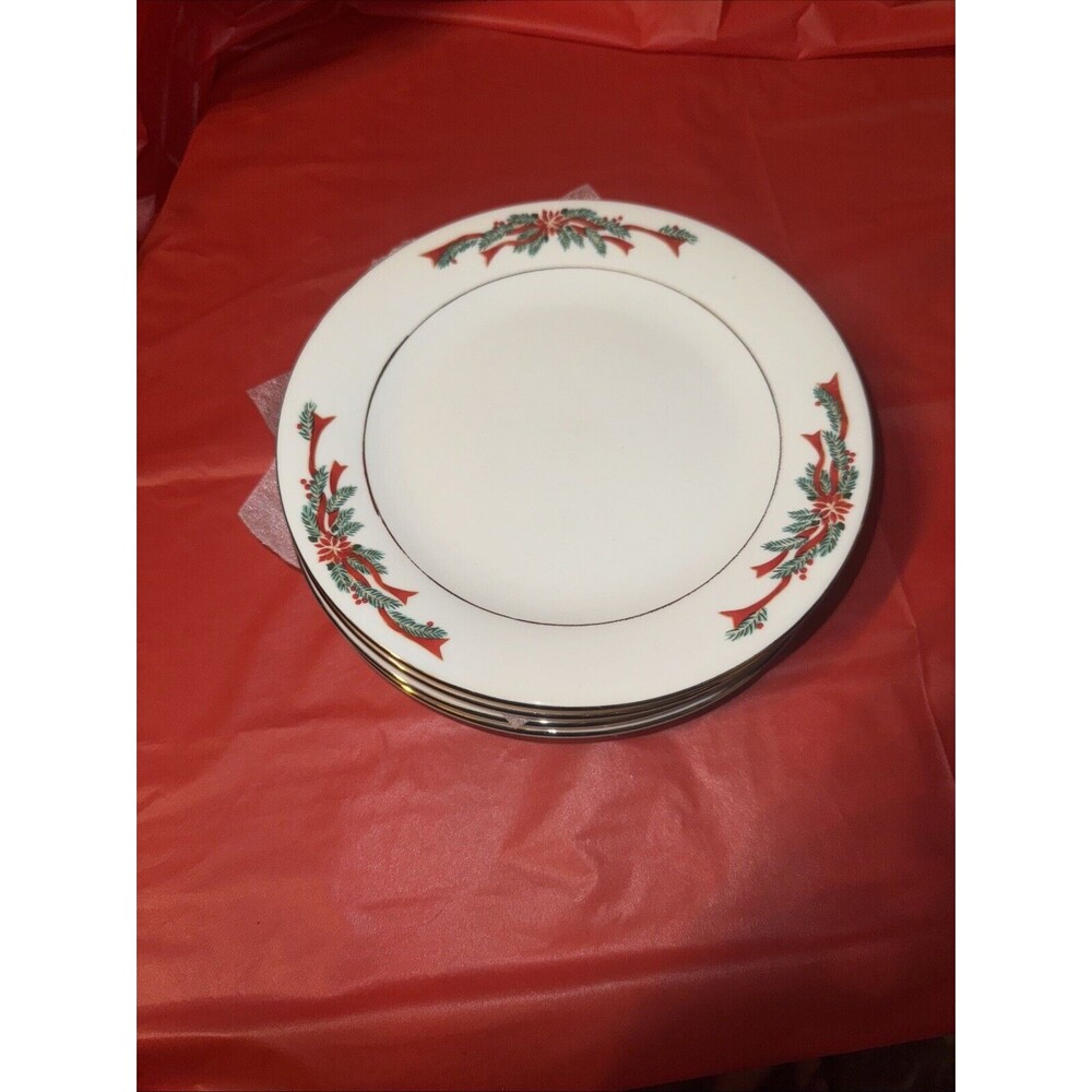 (4) Tienshan Poinsettia and Red Ribbons Dessert Plate 7.5” Christmas Fine China
